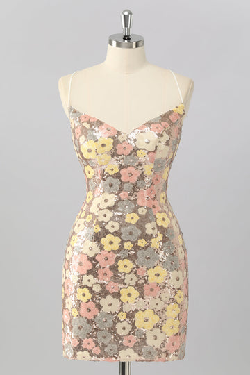 Żółta kwiatowa cekinowa sukienka bodycon mini homecoming